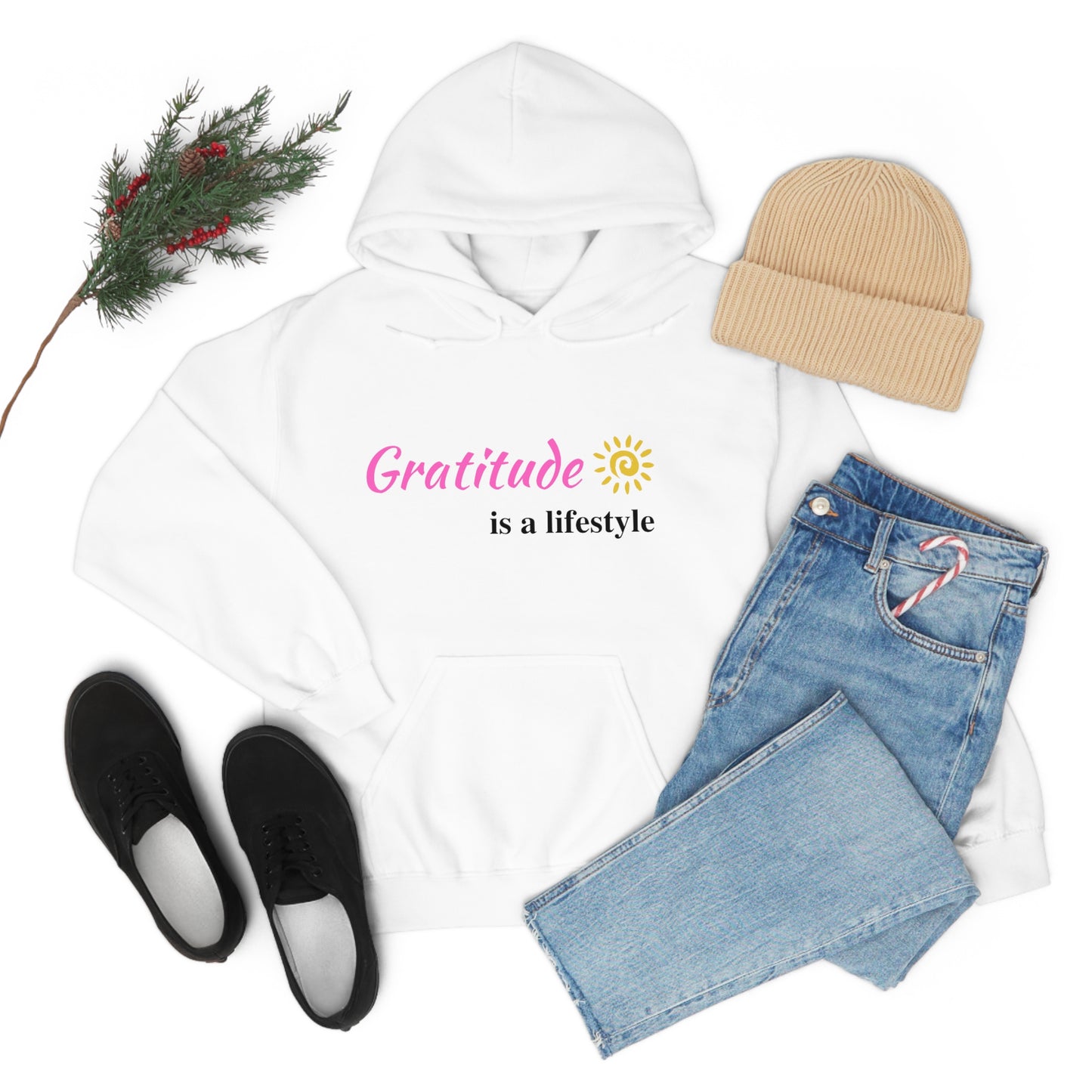 Gratitude is a Lifestyle (Pink Text) Unisex Heavy Blend Hooded Sweatshirt; Thankful; Inspiration; Motivation; Mom; Daughter; Girlfriend Gift