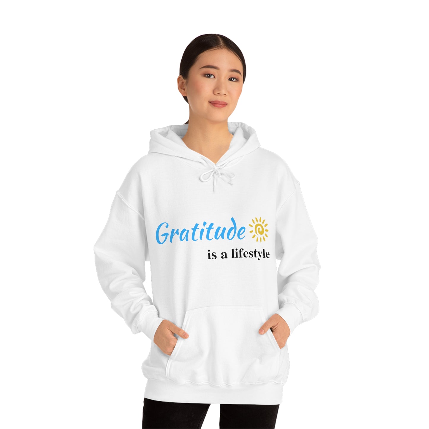 Gratitude is a Lifestyle (Blue Text) Unisex Heavy Blend Hooded Sweatshirt; Thankful; Inspiration; Motivation; Mom; Daughter; Girlfriend Gift