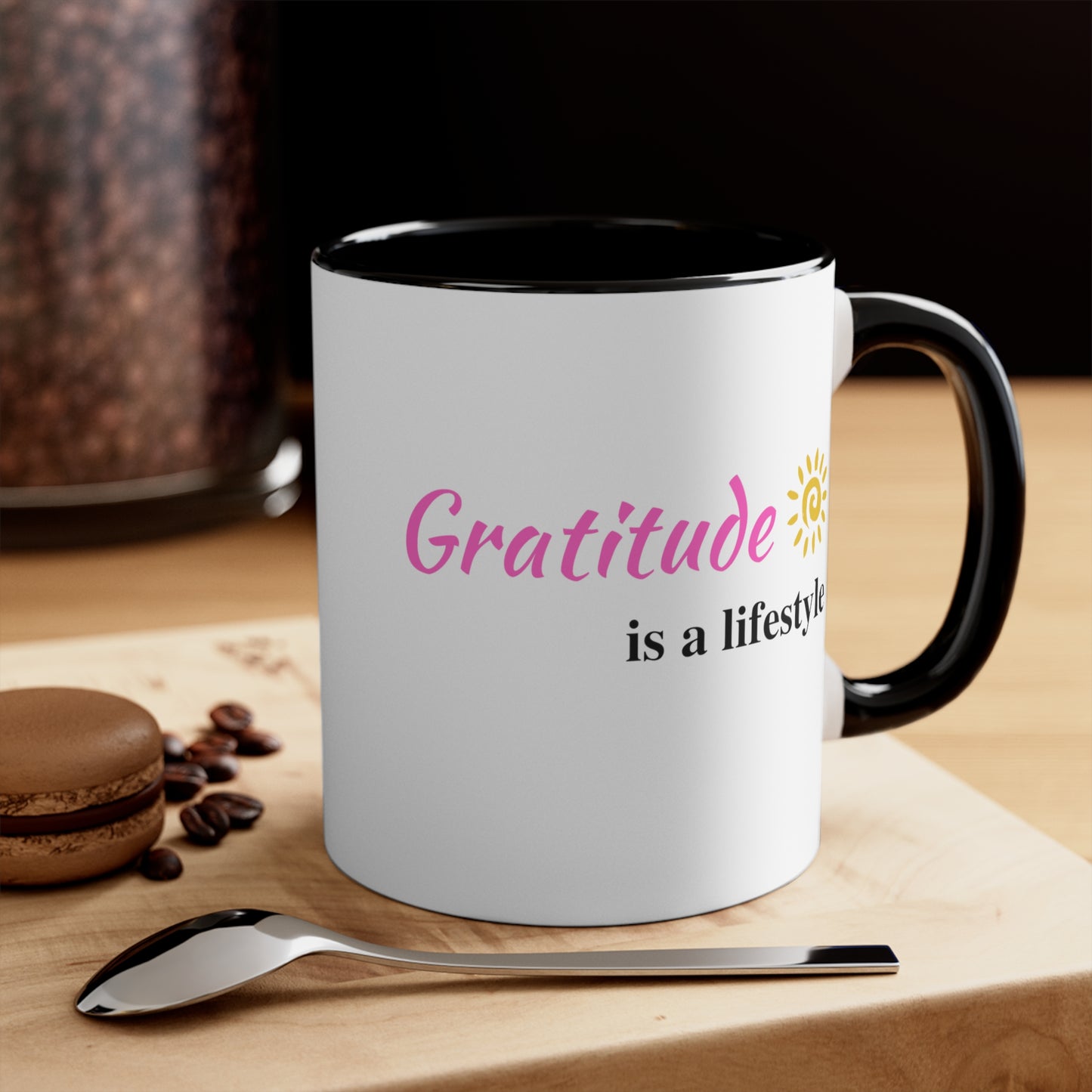 Gratitude is a Lifestyle Coffee Mug White Ceramic (Pink Text) Black Handle & Interior, 11oz;Thankful;Inspiration;Motivation;Mom;Daughter