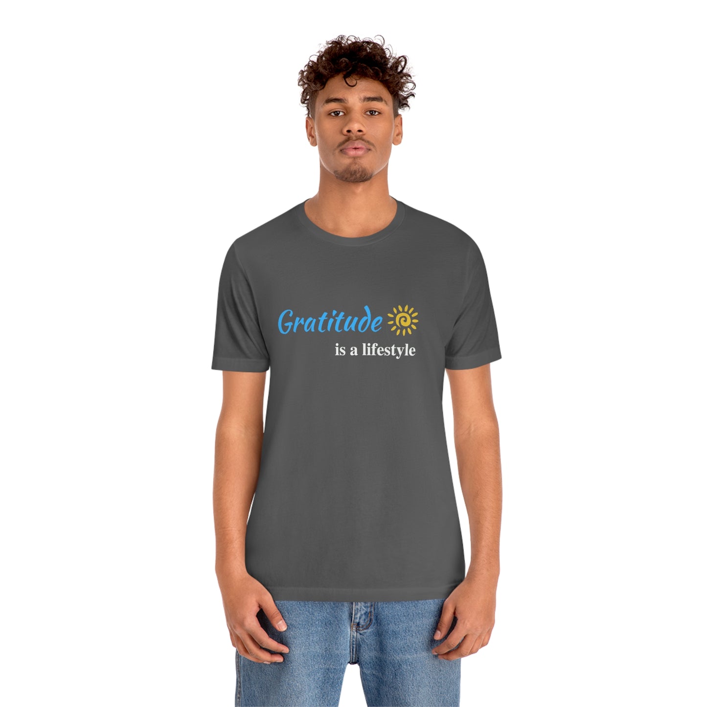 Gratitude is a Lifestyle (Blue Text) - Asphalt Unisex Jersey Short Sleeve Tee; Thankful; Inspiration; Motivation; Mom; Daughter; Girlfriend