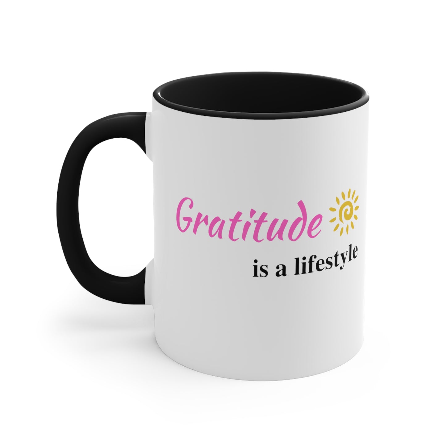 Gratitude is a Lifestyle Coffee Mug White Ceramic (Pink Text) Black Handle & Interior, 11oz;Thankful;Inspiration;Motivation;Mom;Daughter