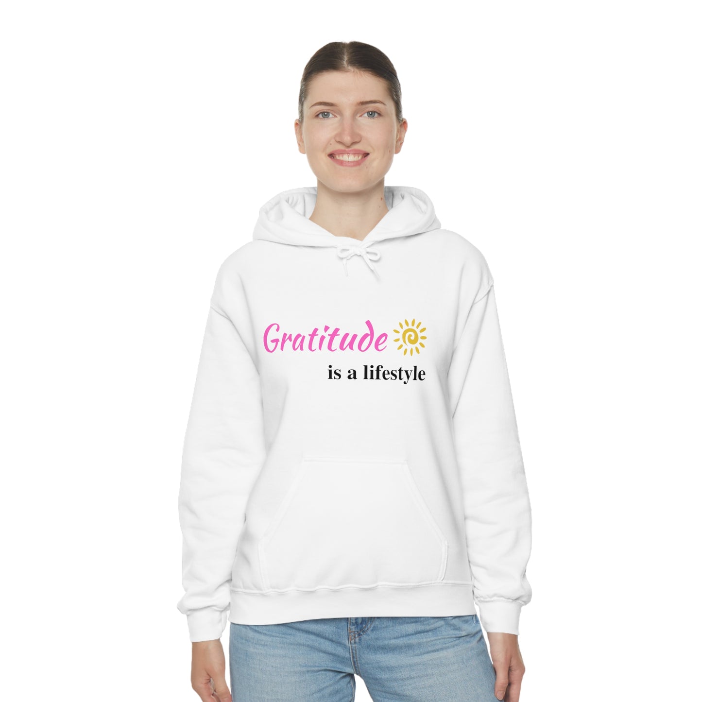 Gratitude is a Lifestyle (Pink Text) Unisex Heavy Blend Hooded Sweatshirt; Thankful; Inspiration; Motivation; Mom; Daughter; Girlfriend Gift