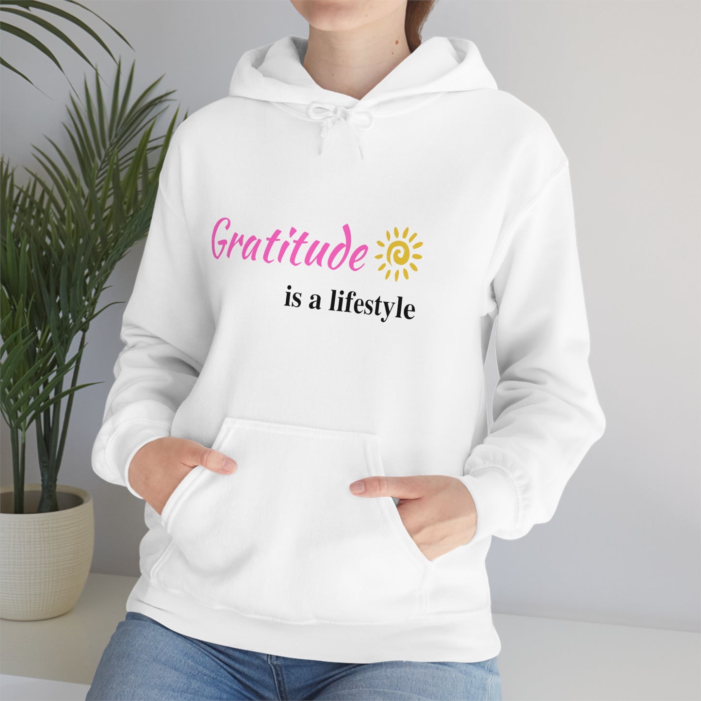 Gratitude is a Lifestyle (Pink Text) Unisex Heavy Blend Hooded Sweatshirt; Thankful; Inspiration; Motivation; Mom; Daughter; Girlfriend Gift