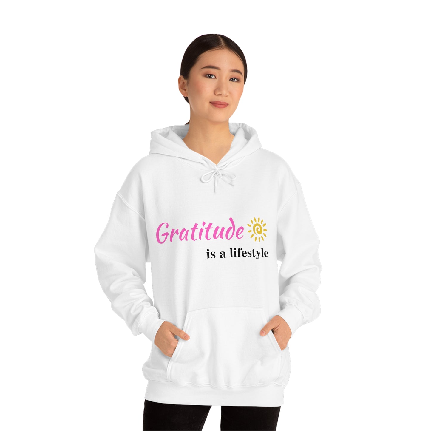 Gratitude is a Lifestyle (Pink Text) Unisex Heavy Blend Hooded Sweatshirt; Thankful; Inspiration; Motivation; Mom; Daughter; Girlfriend Gift