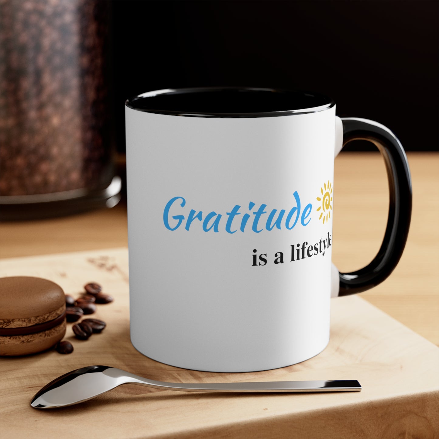 Gratitude is a Lifestyle Coffee Mug (Blue Text) White Ceramic, Black Handle & Interior, 11oz; Thankful;Inspiration;Motivation;Mom;Daughter