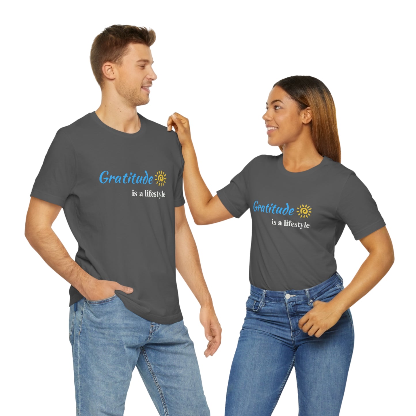 Gratitude is a Lifestyle (Blue Text) - Asphalt Unisex Jersey Short Sleeve Tee; Thankful; Inspiration; Motivation; Mom; Daughter; Girlfriend