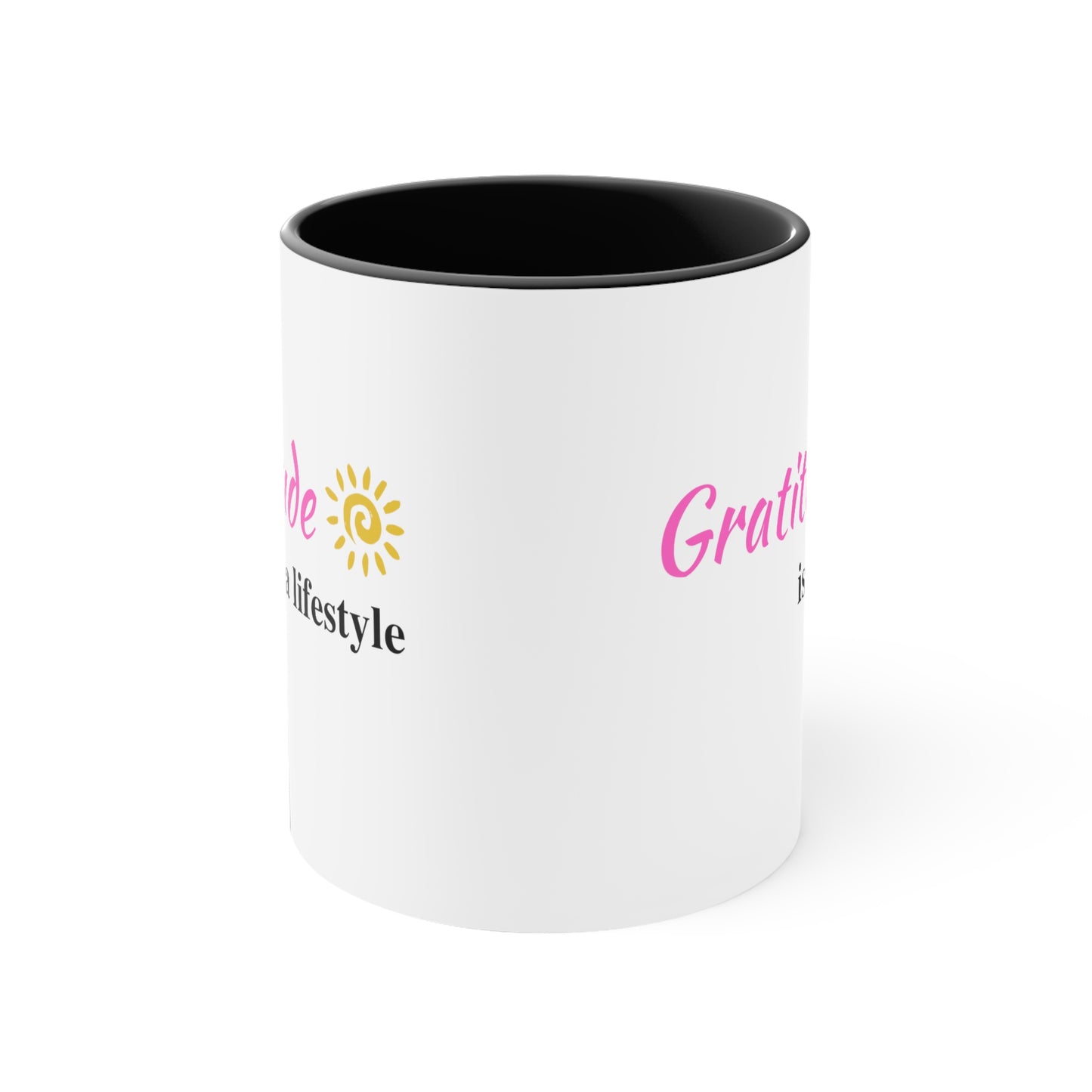 Gratitude is a Lifestyle Coffee Mug White Ceramic (Pink Text) Black Handle & Interior, 11oz;Thankful;Inspiration;Motivation;Mom;Daughter