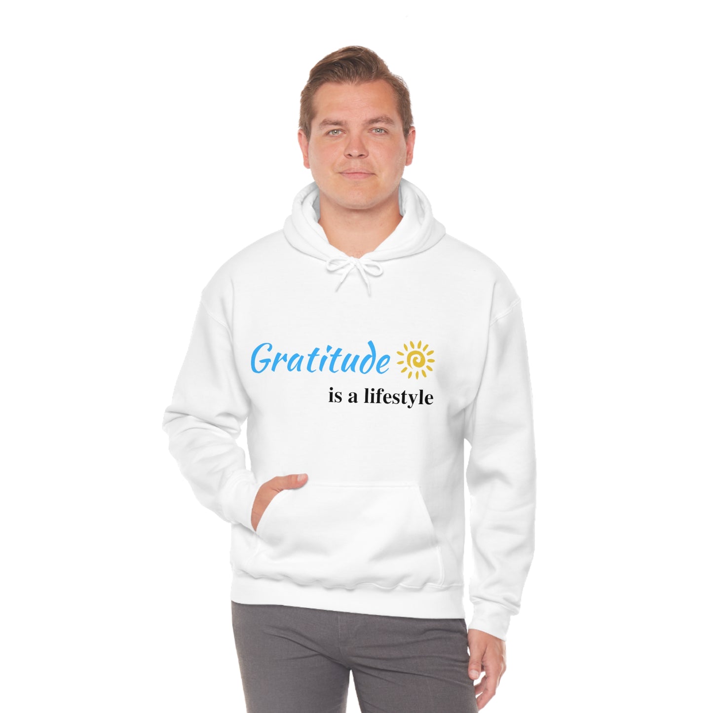 Gratitude is a Lifestyle (Blue Text) Unisex Heavy Blend Hooded Sweatshirt; Thankful; Inspiration; Motivation; Mom; Daughter; Girlfriend Gift