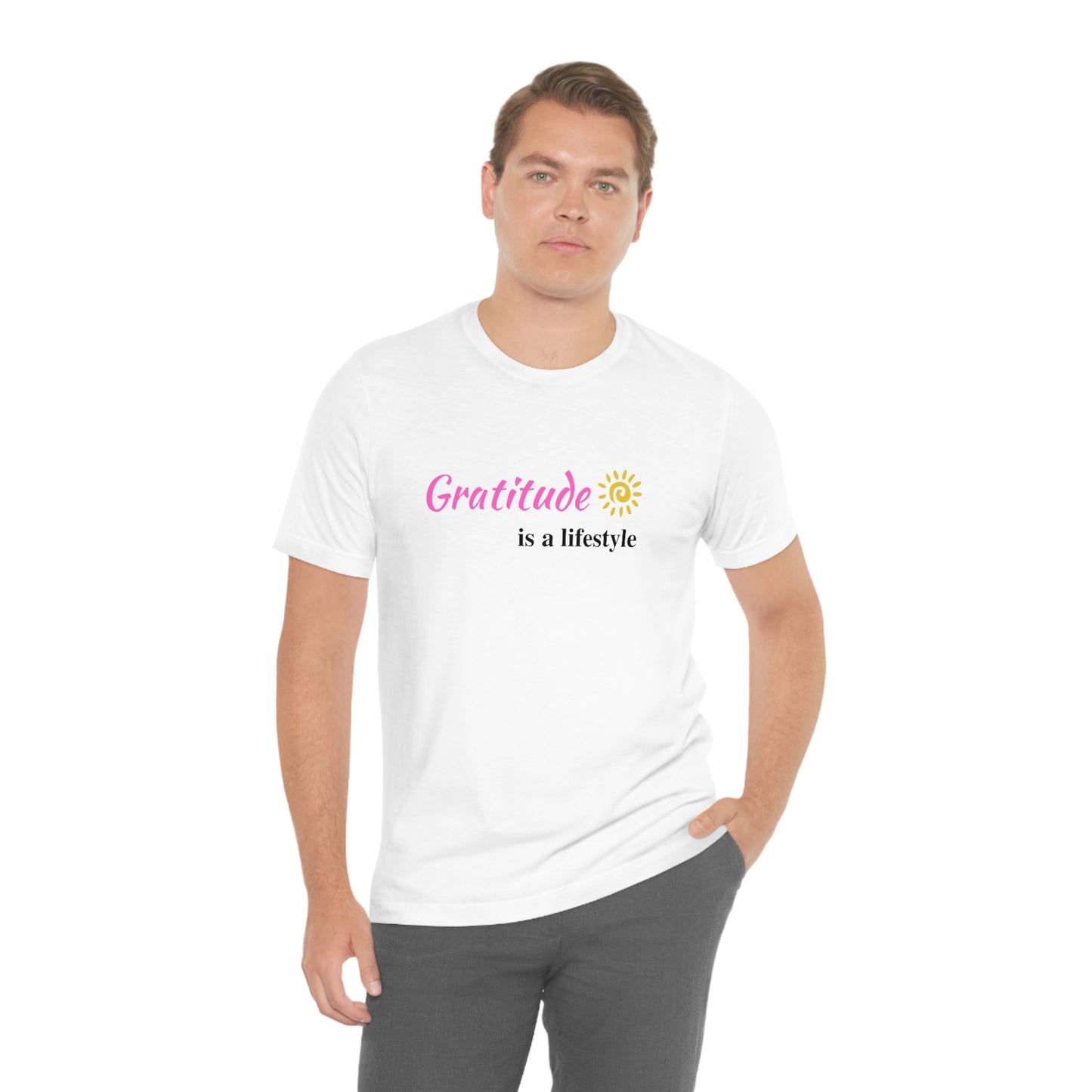 Gratitude is a Lifestyle (Pink Text) - Unisex Jersey Short Sleeve Tee; Thankful; Inspiration; Motivation; Mom; Daughter; Girlfriend Gift