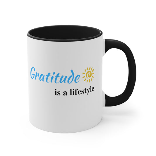 Gratitude is a Lifestyle Coffee Mug (Blue Text) White Ceramic, Black Handle & Interior, 11oz; Thankful;Inspiration;Motivation;Mom;Daughter