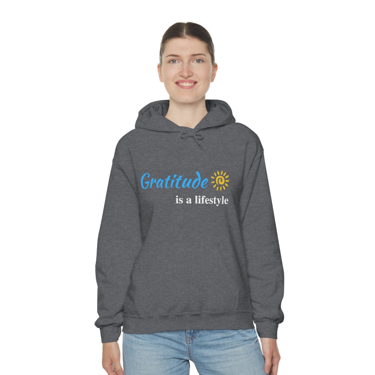 Gratitude is a Lifestyle (Blue Text) Heather Grey Unisex Heavy Blend Hooded Sweatshirt; Thankful; Inspirational; Motivational; Mom; Daughter