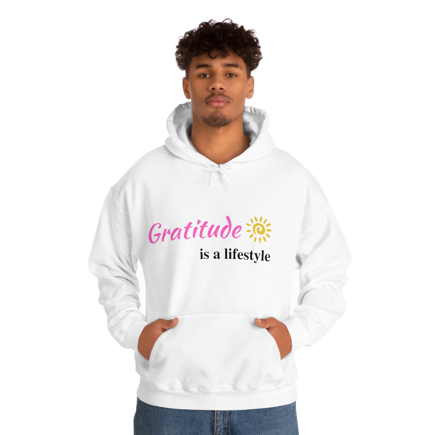 Gratitude is a Lifestyle (Pink Text) Unisex Heavy Blend Hooded Sweatshirt; Thankful; Inspiration; Motivation; Mom; Daughter; Girlfriend Gift