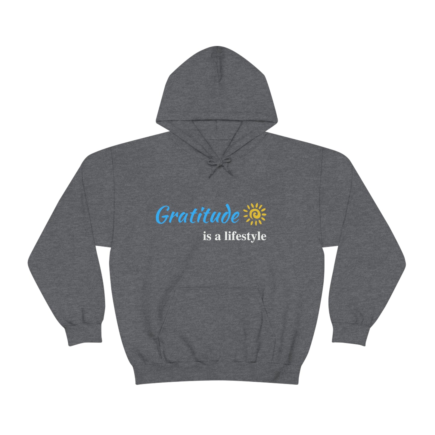 Gratitude is a Lifestyle (Blue Text) Heather Grey Unisex Heavy Blend Hooded Sweatshirt; Thankful; Inspirational; Motivational; Mom; Daughter