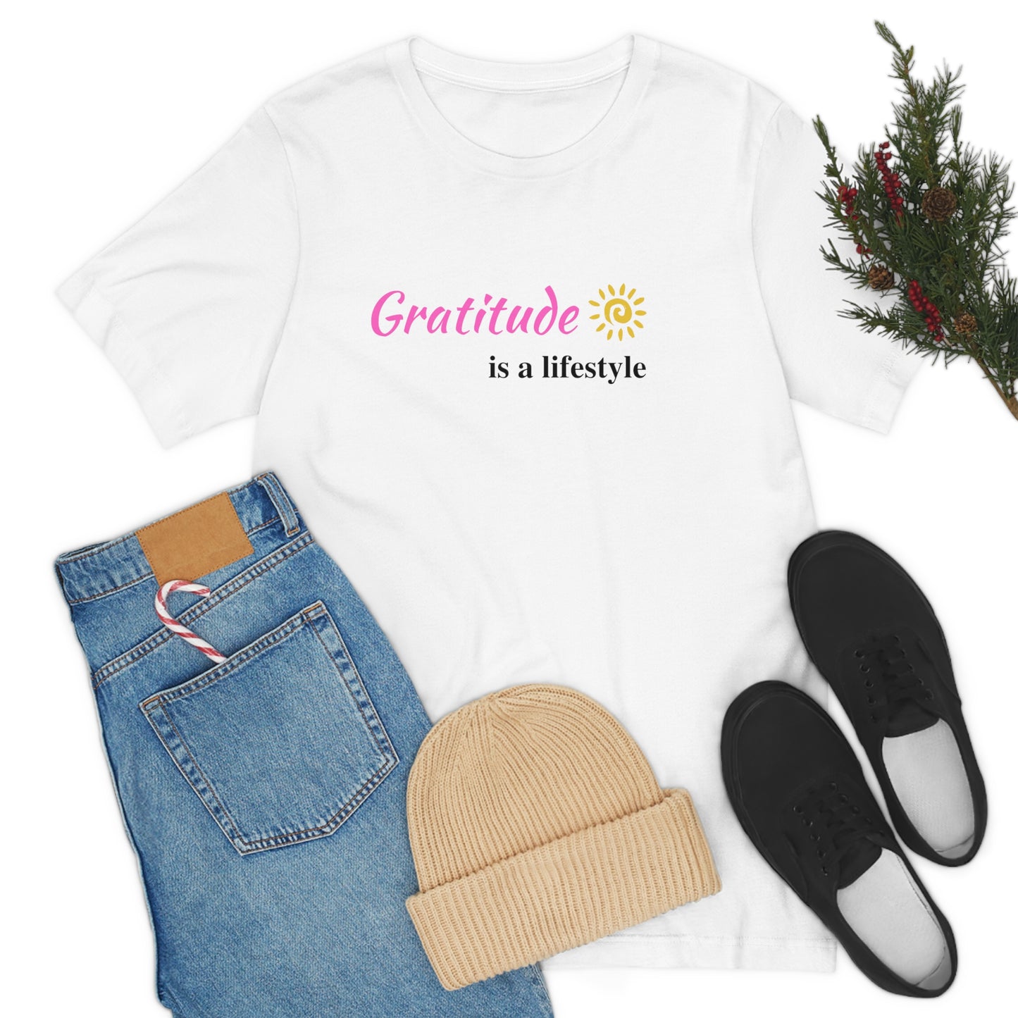 Gratitude is a Lifestyle (Pink Text) - Unisex Jersey Short Sleeve Tee; Thankful; Inspiration; Motivation; Mom; Daughter; Girlfriend Gift