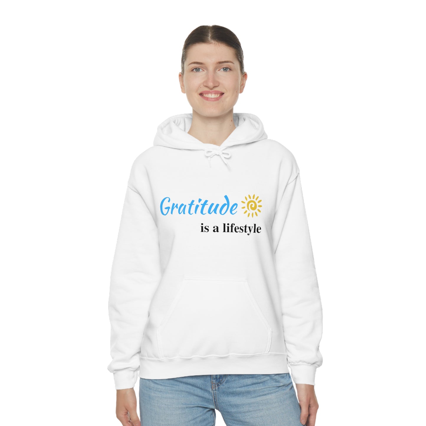 Gratitude is a Lifestyle (Blue Text) Unisex Heavy Blend Hooded Sweatshirt; Thankful; Inspiration; Motivation; Mom; Daughter; Girlfriend Gift