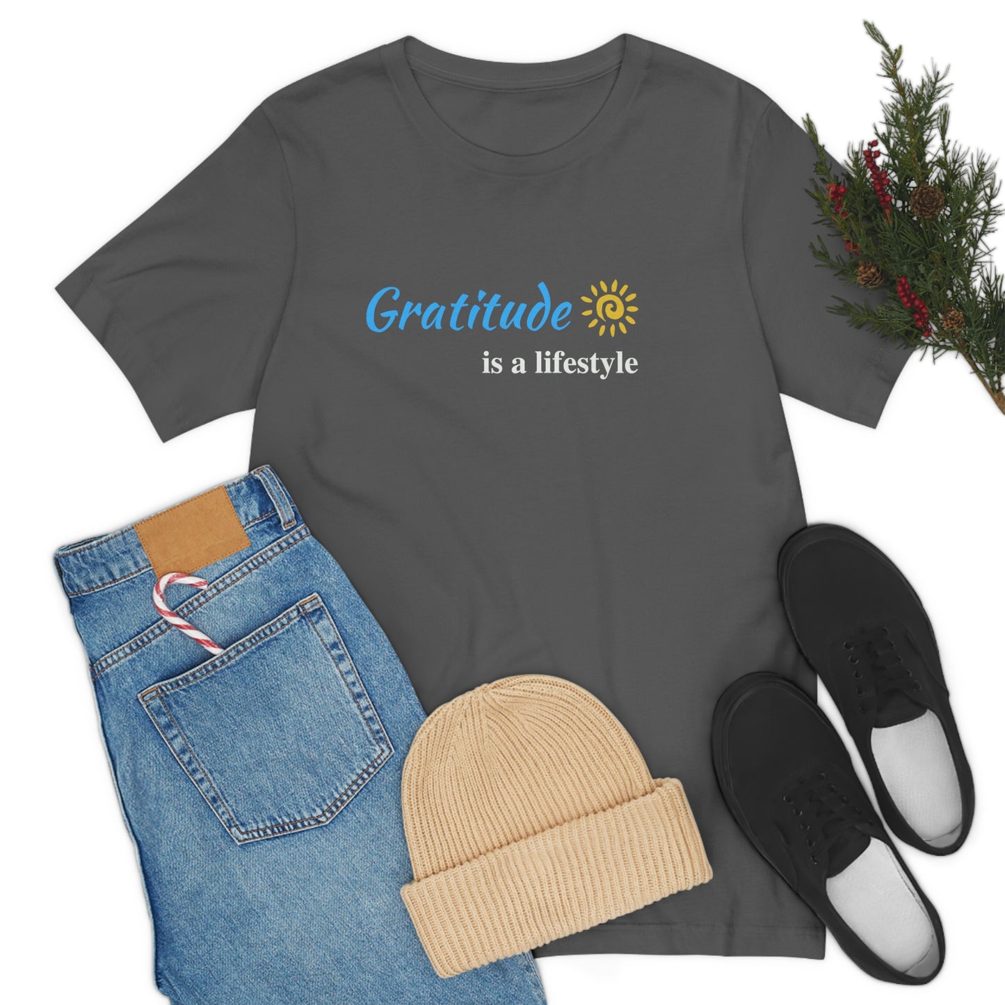 Gratitude is a Lifestyle (Blue Text) - Asphalt Unisex Jersey Short Sleeve Tee; Thankful; Inspiration; Motivation; Mom; Daughter; Girlfriend
