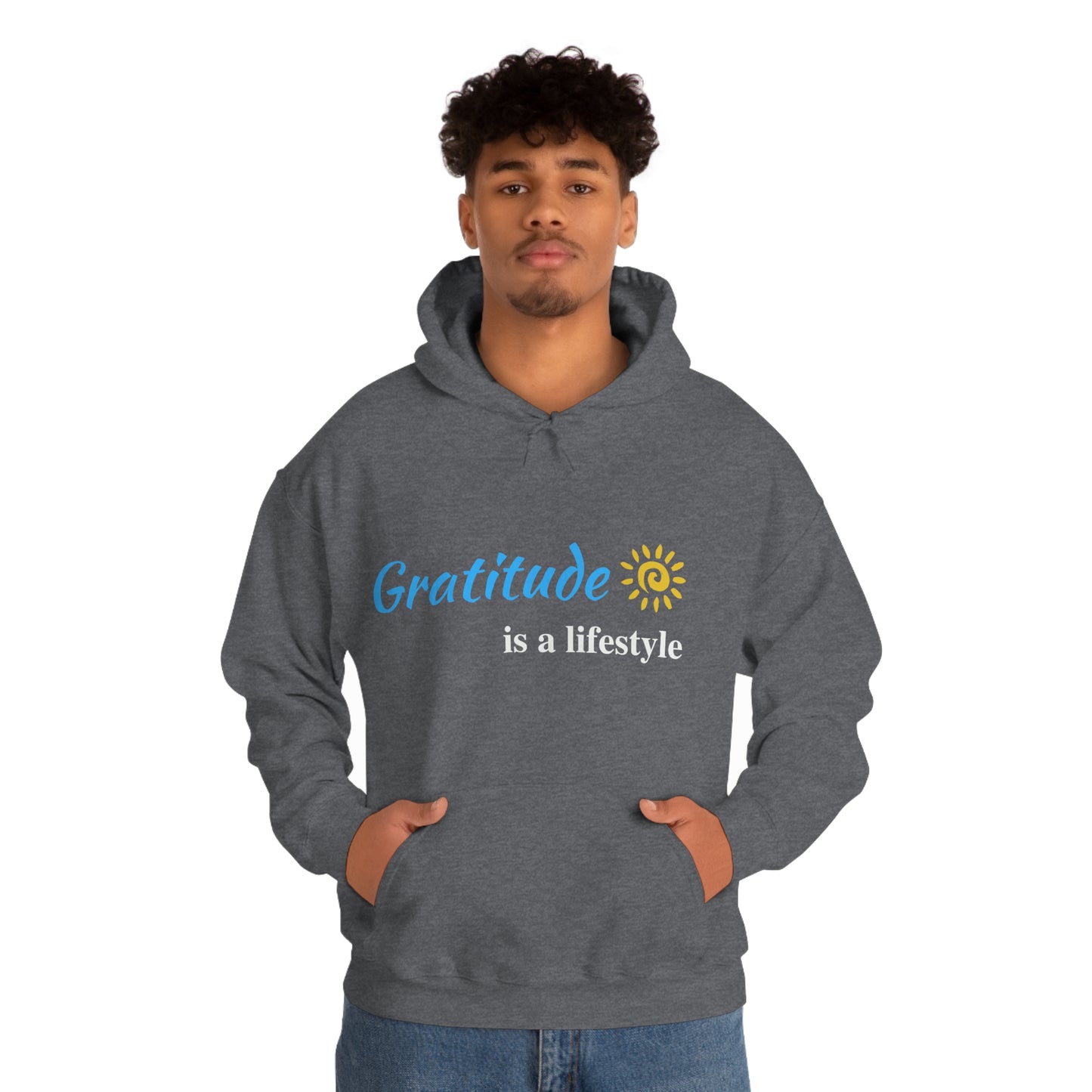 Gratitude is a Lifestyle (Blue Text) Heather Grey Unisex Heavy Blend Hooded Sweatshirt; Thankful; Inspirational; Motivational; Mom; Daughter