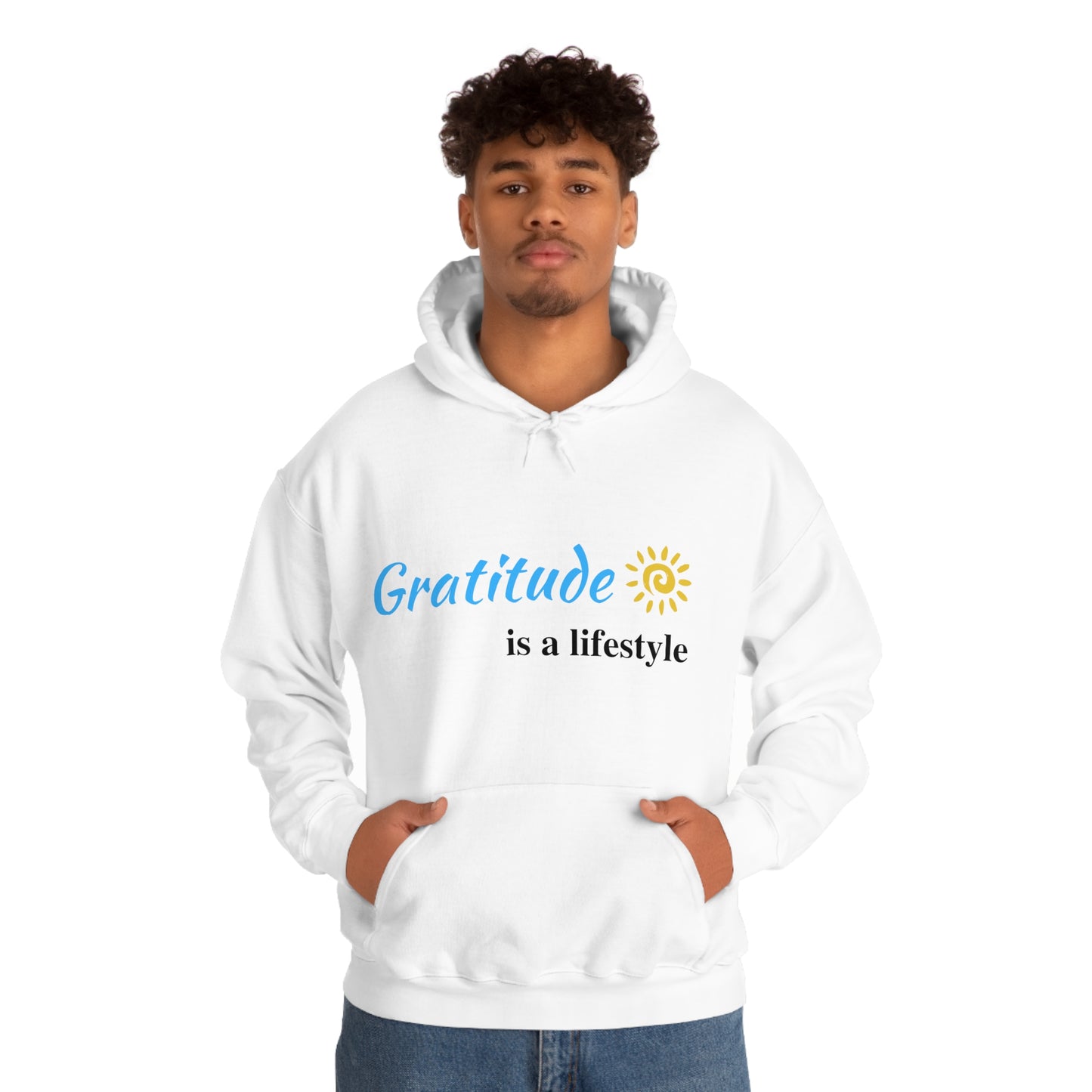 Gratitude is a Lifestyle (Blue Text) Unisex Heavy Blend Hooded Sweatshirt; Thankful; Inspiration; Motivation; Mom; Daughter; Girlfriend Gift