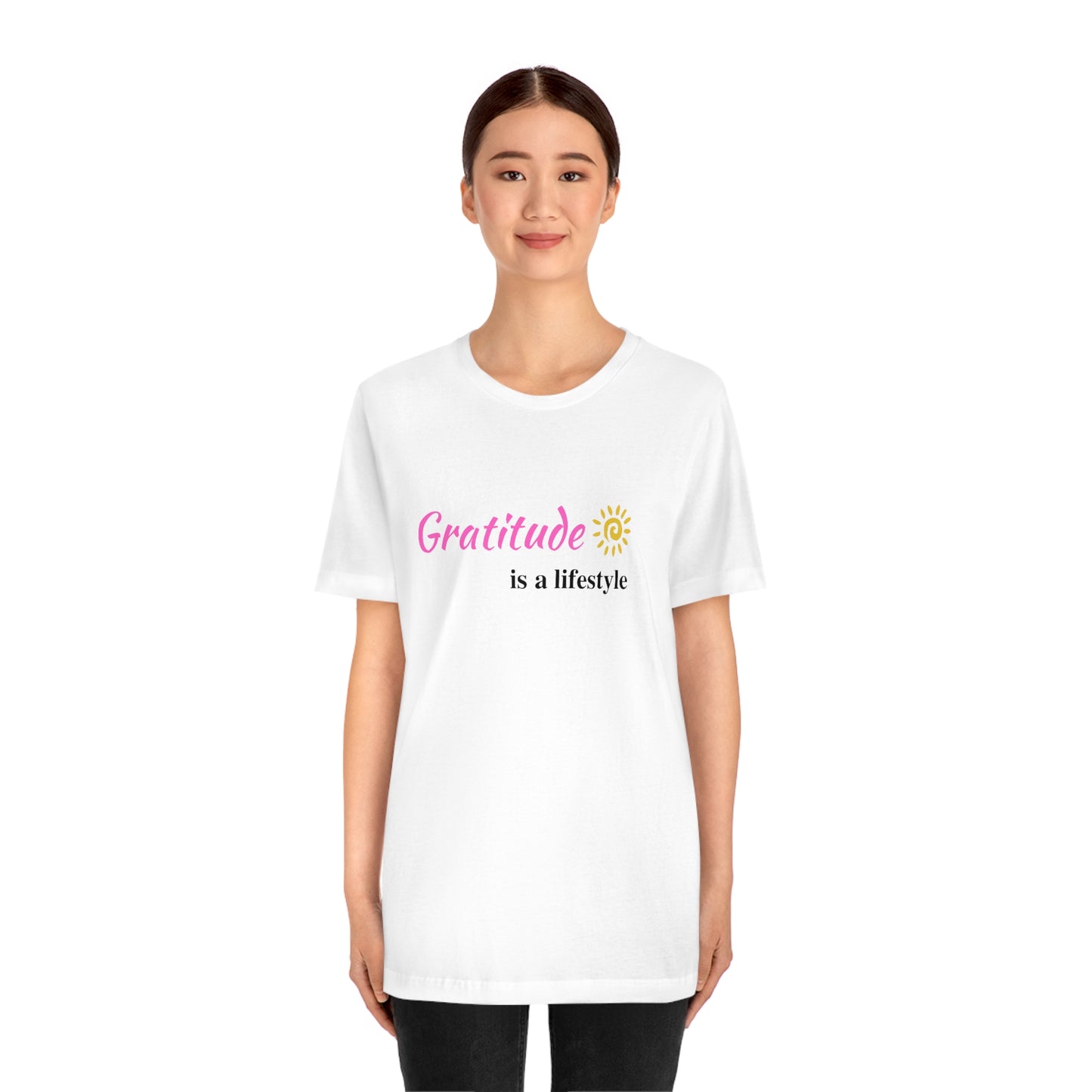 Gratitude is a Lifestyle (Pink Text) - Unisex Jersey Short Sleeve Tee; Thankful; Inspiration; Motivation; Mom; Daughter; Girlfriend Gift