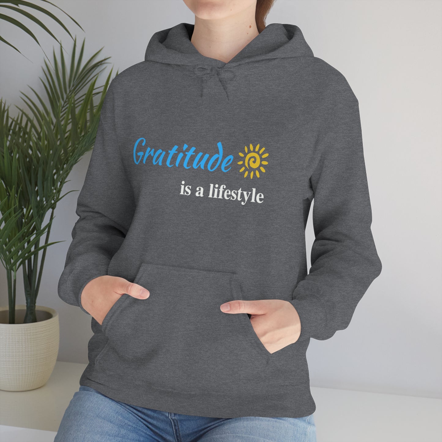 Gratitude is a Lifestyle (Blue Text) Heather Grey Unisex Heavy Blend Hooded Sweatshirt; Thankful; Inspirational; Motivational; Mom; Daughter