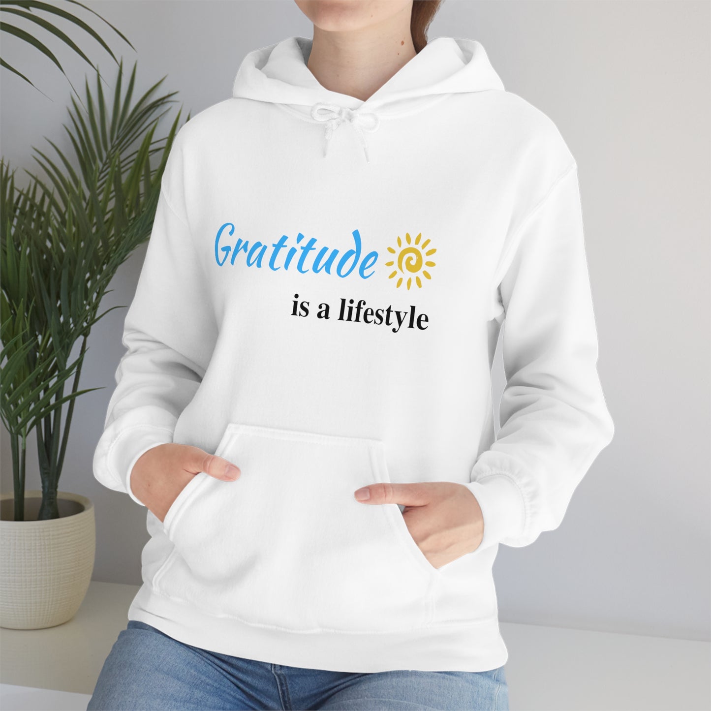 Gratitude is a Lifestyle (Blue Text) Unisex Heavy Blend Hooded Sweatshirt; Thankful; Inspiration; Motivation; Mom; Daughter; Girlfriend Gift